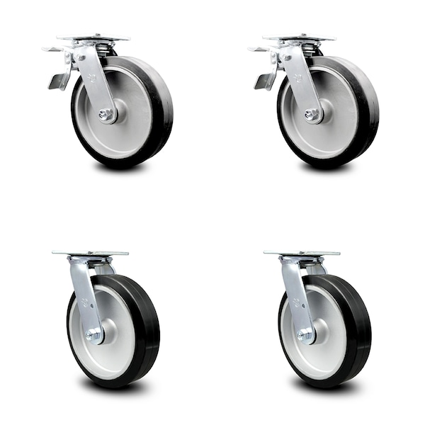 8 Inch Rubber on Aluminum Caster Set with Ball Bearings 2 Brake 2 Swivel Lock
